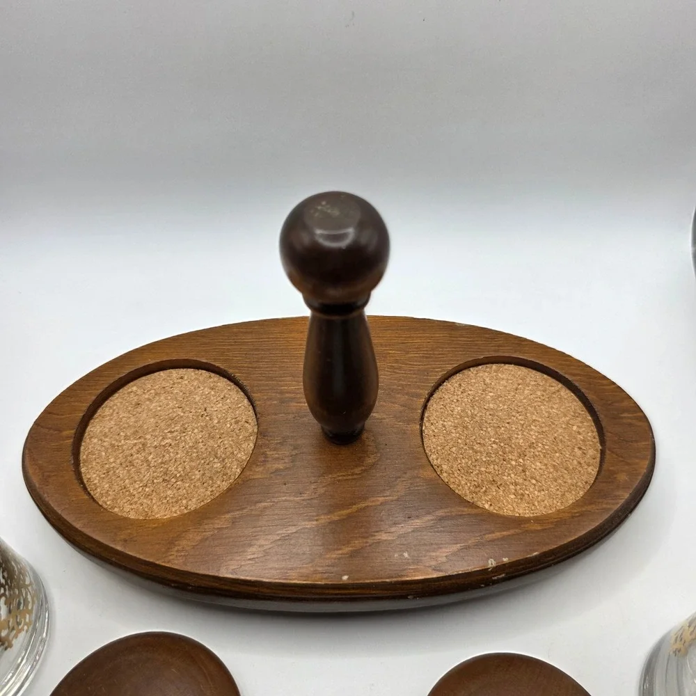 Vintage Mid Century Condiment Set Gold Filigree Glass Jars Wood Tray Spoons